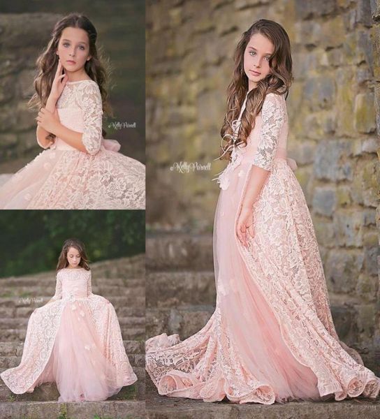 

2019 blush pink lace girls pageant dresses with long sleeves overskirt floor length child flower girls dress communion gown22965481291984, White;red