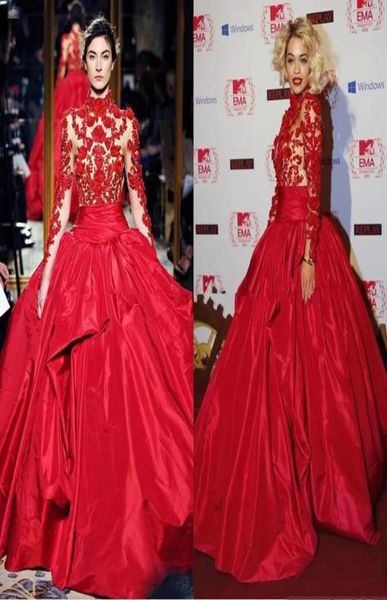 

zuhair murad 2020 evening dresses sheer long sleeves high neck lace appliques prom gowns sweep train red carpet special occasion d8566476, Black;red