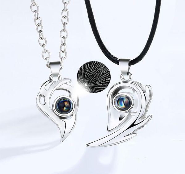 

pendant necklaces 2pcs magnetic heart couple 100 languages i love you projection necklace for women men fashion jewelry2165415, Silver