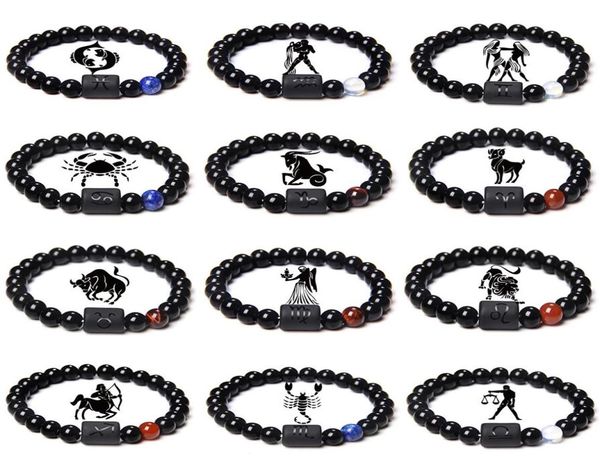 

12 constellation zodiac bracelets signs beads strands couples bracelet natural black onyx stone elastic charm bracelet for women m3234357