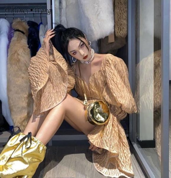 

whitney wang 2020 autumn fashion deep vneck puffy flare sleeve ruched mini dress women party dresses3797827, Black;gray