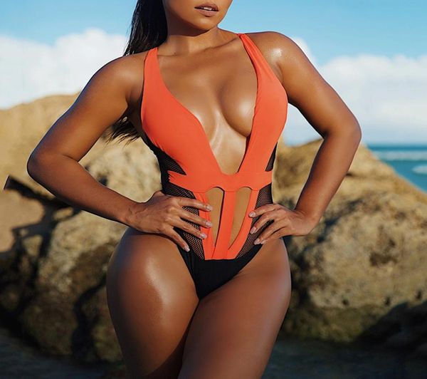 

2020 new deep v neck splicing female swimwear one piece swimsuit women mesh monokini bather high cut bathing suit swim wear3379622