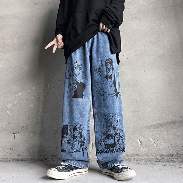 

uncledonjm cartoon printed jeans men's bf harajuku fashion brand street wear casual graffiti loose blue jeans 220308