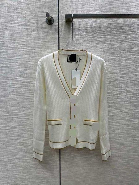 

women's knits & tees designer knitted cardigan 2023 spring/summer new fashion elegant upper body slim round neck gold thread cardigan b, White