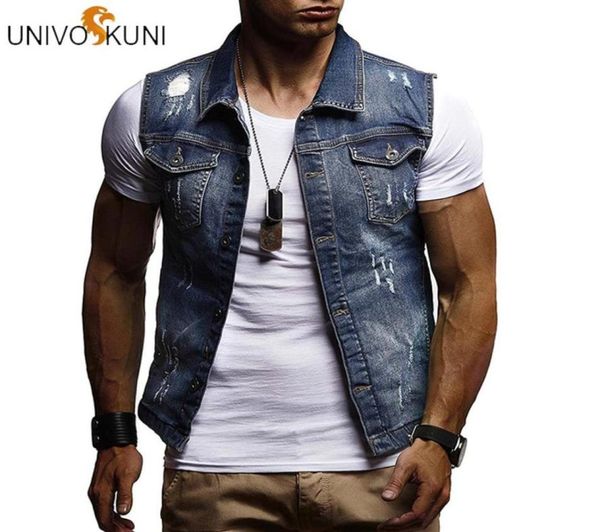 

univos kuni denim vest mens jacket sleeveless casuavintage waistcoats mens jean coat ripped slim fit male jackets cowboy j5252546199716, Black;white
