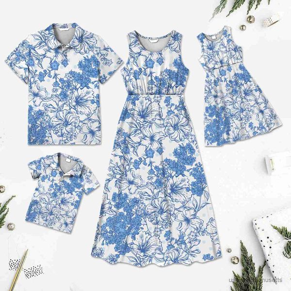 

family matching outfits family matching outfits all over floral print sleeveless dresses and short-sleeve shirts sets clothes family look r2, Blue