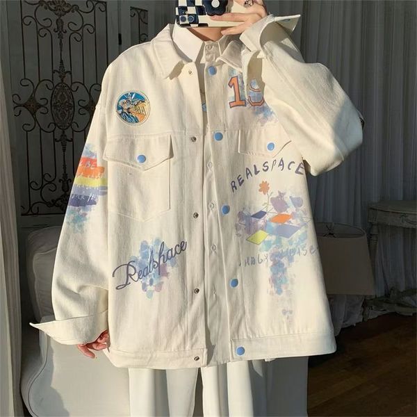

mens jackets spring colorful graffiti printed denim jacket women loose longsleeved korean fashion men coat 230810, Black;brown