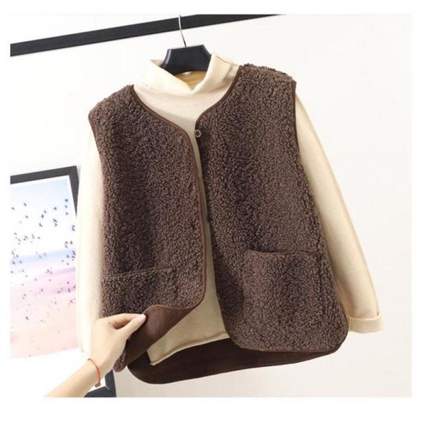 

women's vests coffee lamb wool fur furry psh vest women sleeveless down coat casual short outwear waistcoat parkas jacket coats cloth6, Black;white