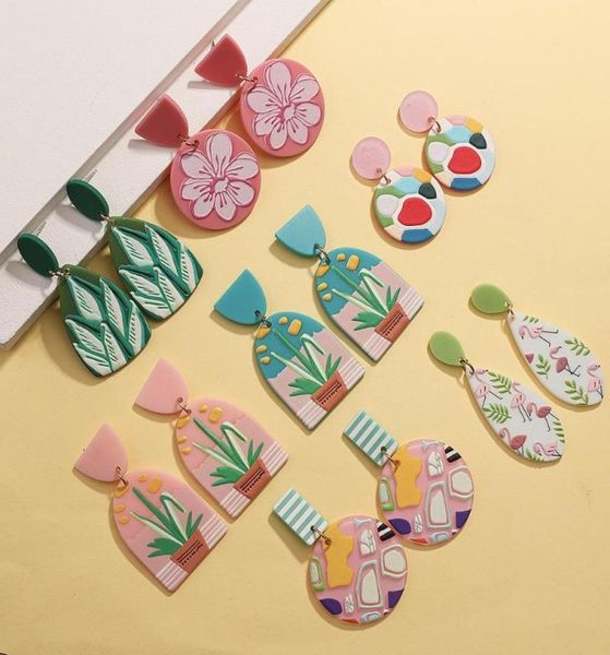 

aensoa multicolor graffiti floral pattern simulated polymer clay drop earring women geometry pink green hit color acrylic earing6802962, Silver