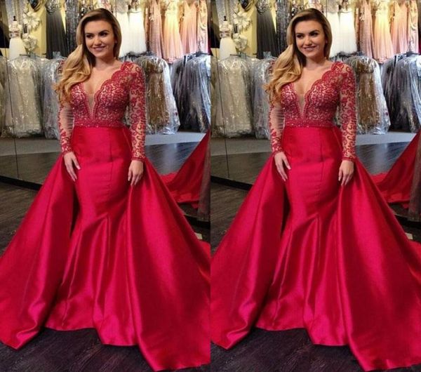 

fashion 2019 red satin mermaid overskirts evening dresses with detachable train turkey lace long sleeve prom gowns v neck formal p1936091, Black;red