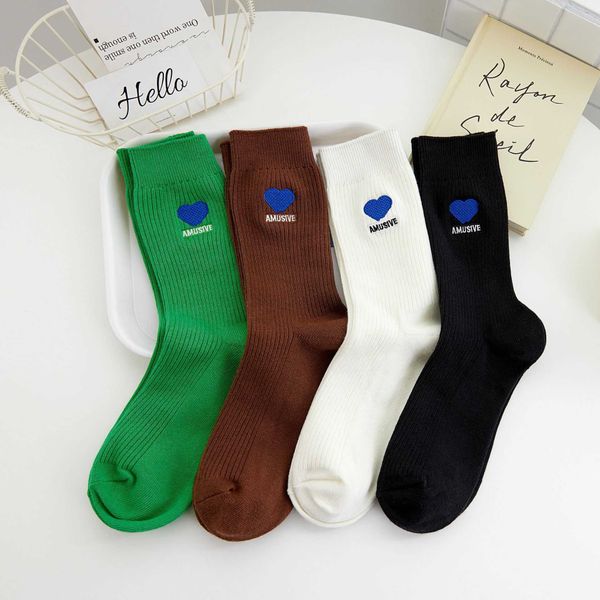 

love embroidery basic black green white double needle small standard long socks with shark pants socks for women's external wear medium, Black;white