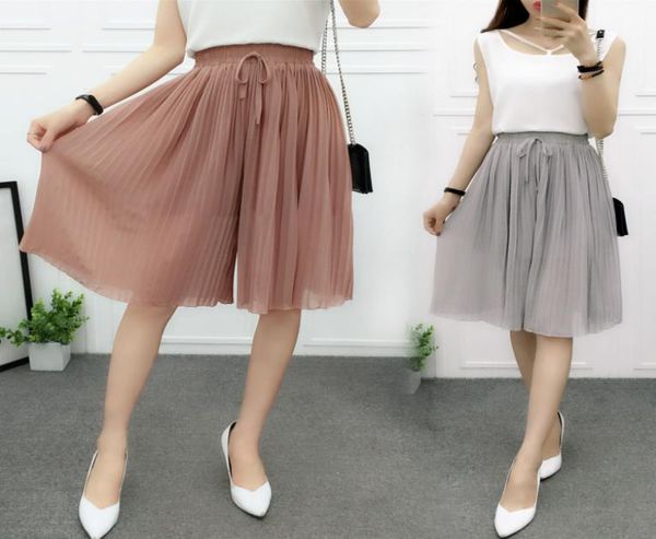 

2017 new summer style loose pleated chiffon skirt culottes women elastic waist wide leg pants female short trousers5339472, Black;white