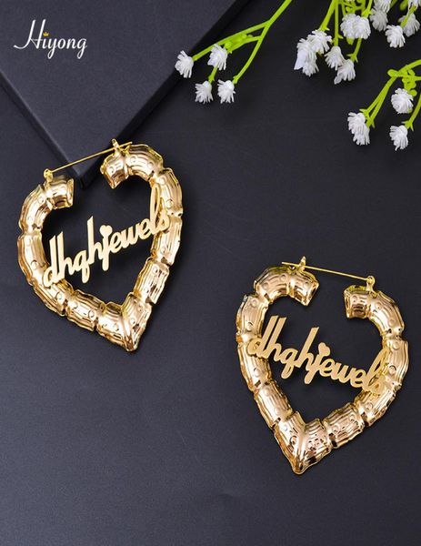 

7090mm custom earrings love shape hiphop bamboo hoop earrings customizable heart customize name earrings for women girls 2103236896765, Golden;silver