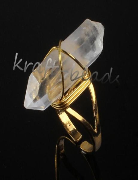

whole 10pcs charm natural clear rock quartz crystal stone random shape adjustable stone finger ring jewelry3474368, Golden;silver