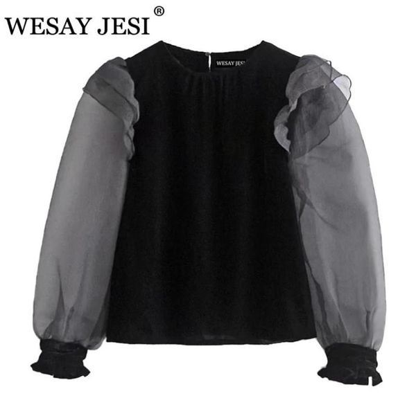 

vintage velvet ruffle shirt women transparent organza long puff sleeve blouse female fashion back opening black women039s b6807401, White