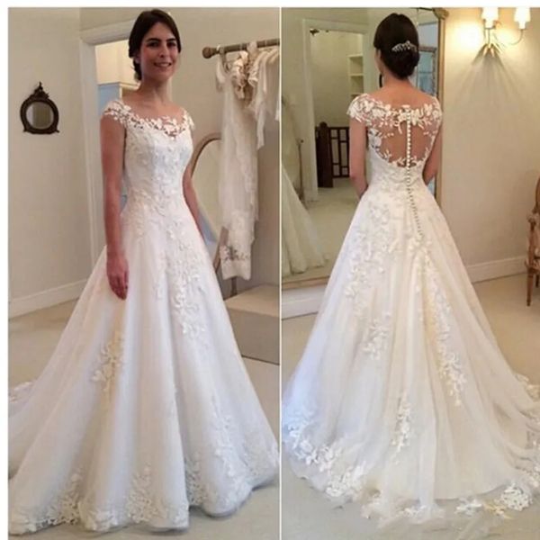 

modest bateau wedding dresses new lace appliques bridal gowns a line sheer see through button back cap sleeves, White