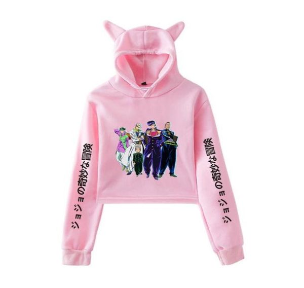

jojo bizarre adventure crop hoodie hip hop streetwear kawaii cat ear cropped short sweatshirt hooded pullover women 1426636, Black