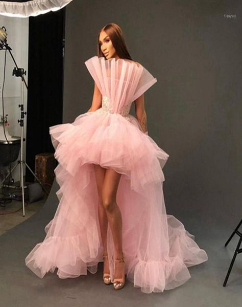 

casual dresses chic strapless pink tulle women prom dress fashion high low ruffles puffy formal party gowns pretty appliques waist9339787, Black;gray