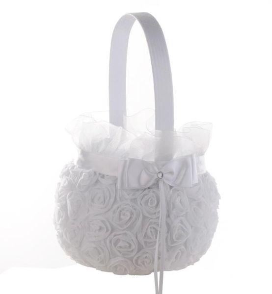 

white rose flower girl basket elegant satin bow knot round wedding favors decoration4008557