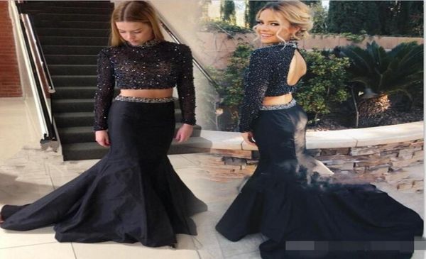 

2019 stunning two pieces mermaid prom dresses long sleeves pearls beaded high neck open back court train paolo sebastian evening g9197434, Black