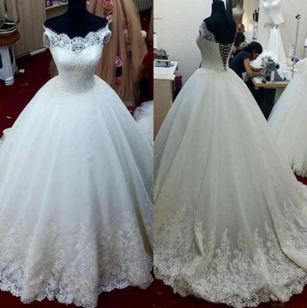 

real po ball gown wedding dresses off shoulder short sleeve appliques lace tulle bridal gowns custom size46018048507072, White
