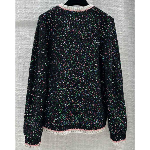 

8.10 luxury temperament contrast color crew neck bling bling sequins hollow out knitted cardigan women's sweaters, White;black