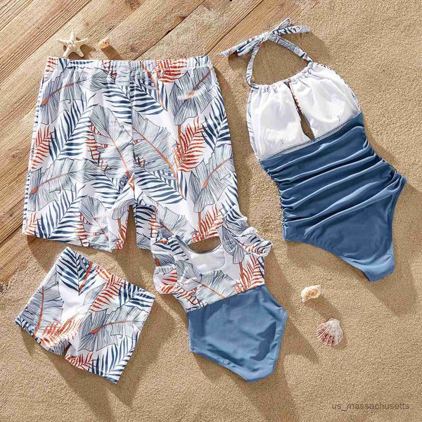 

family matching outfits family matching outfits solid leaf-print halter neck one-piece swimsuit or swim trunks shorts r230810, Blue
