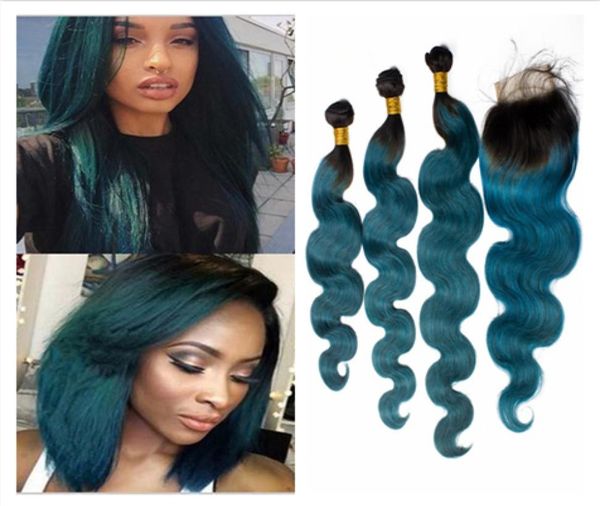 

dark roots dark green ombre virgin brazilian human hair with closure 4pcs lot body wave 1bgreen ombre 4x4 lace closure with 3bund2575234, Black