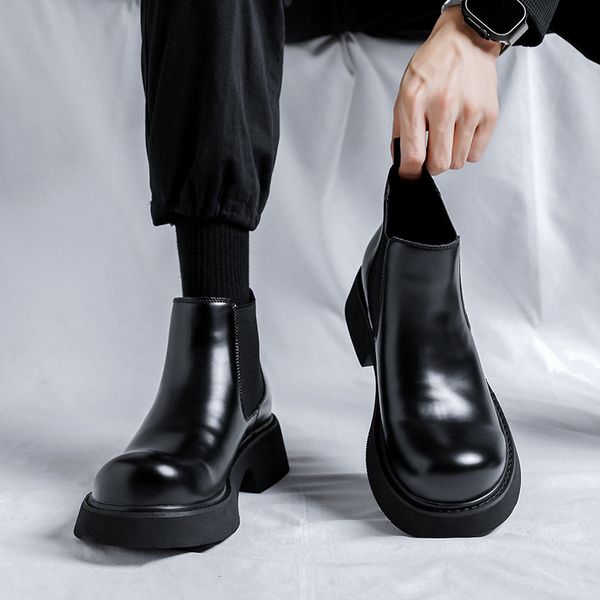 

boots luxury black british men ankle dress leather shoes round toe slip on platform wedding chelsea vintage 230810