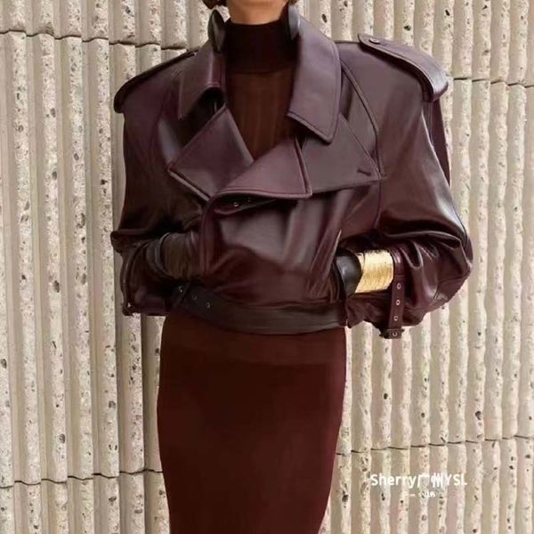 

womens leather faux women coat spring arrival genuine jacket turndown collar short length dropshoulder sleeve casual style 230809, Black