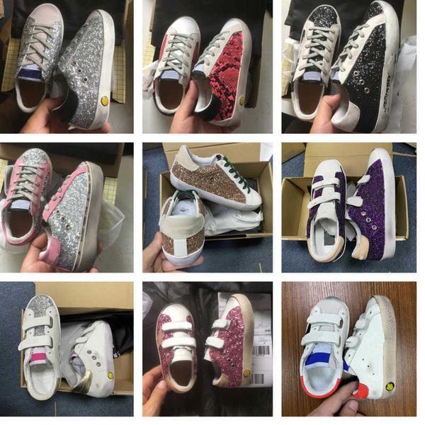 

italy deluxe brand shoes casual classic kids size do-old dirty golden glitter shearling sneakers leather upper crystal toe star and heel met, Black