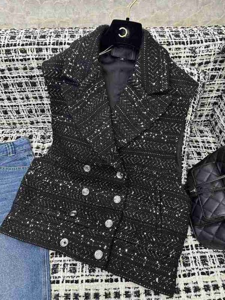 

women's vests designer 2023 early autumn new small fragrant style double breasted polo collar heavy industry sequins fashion sleeveless, Black;white