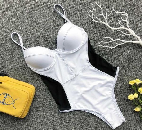 

splicing mesh one piece swimsuit women push up swimwear spaghetti strap halter bodysuit cut out bathing suit women monokini4833196, White;black