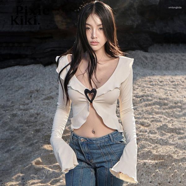 

women's t shirts ruffle flare sleeve v neck blouse for women y2k coquette clothes long korean fashion p69-cb18, White
