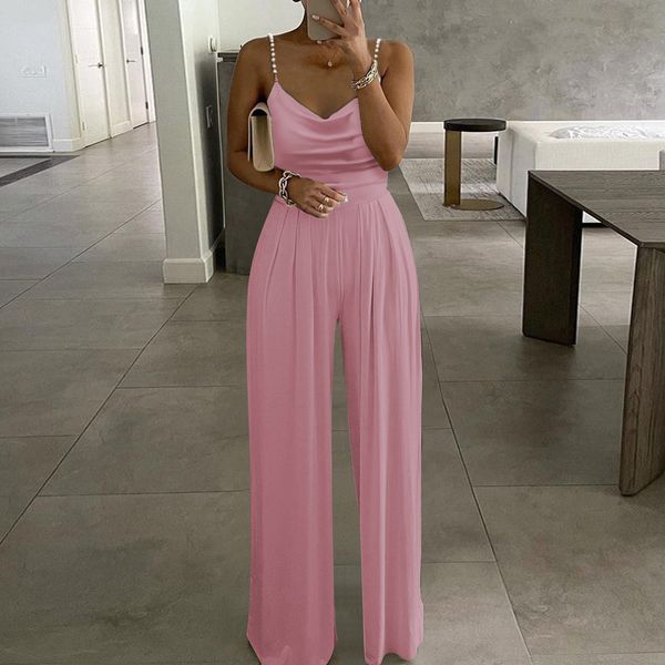 

women's jumpsuits rompers womens casual solid color two pearl strap pink sweetheart v-neck high waist tube jumpsuit pants summer dressy, Black;white