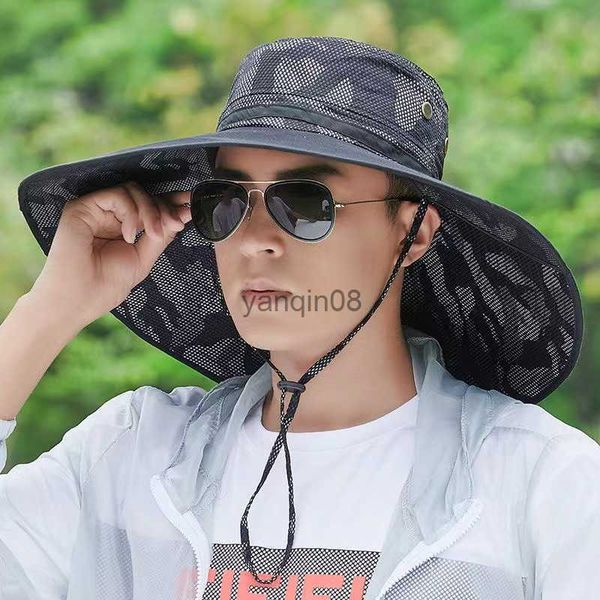 

wide brim hats bucket hats men summer outdoor sport camouflage fishing fisherman cycling sun hat flat big brim sunscreen windproof rope buck, Blue;gray