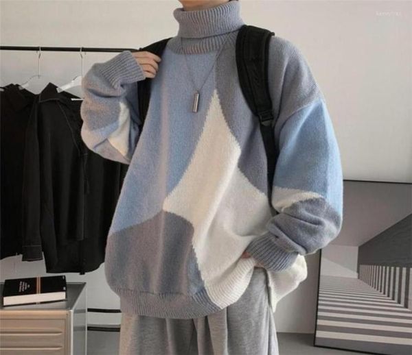 

men039s sweaters turtleneck sweater men fashion autumn winter knitted colors patchwork trendy streetwear male baggy knitwear 207587798, White;black