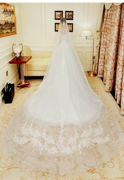 

one layer bridal veils cathedral length tulle long hand made flower pearls wedding veils lace applique bride accessories with 48633263194, Black