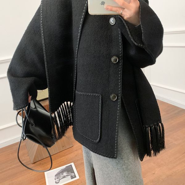 

toteme coat patch work embroidery single breasted scarf collar lambwool jacket, Black;brown