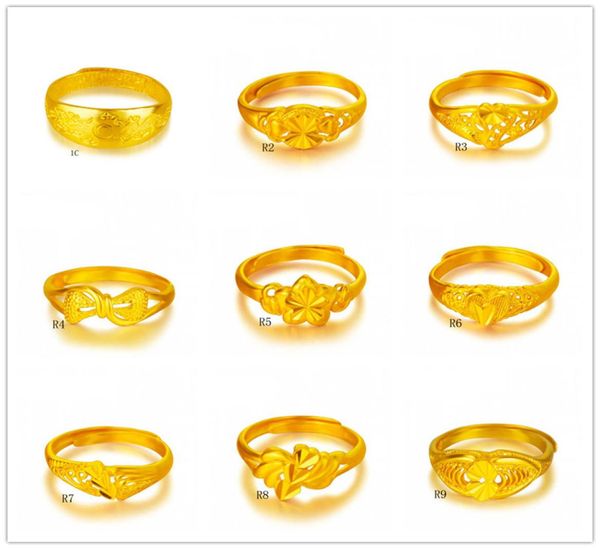 

9 pieces a lot mixed style new arrival fashion open size women039s yellow gold ringflower heart dragon 24k gold ring emkr14133139, Silver