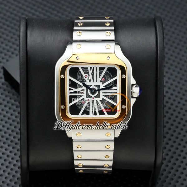 

new 39.8mm whsa0015 whsa0012 swiss quartz mens watch skeleton dial two tone yellow gold bezel stainless steel bracelet gents watches hello_w, Slivery;brown