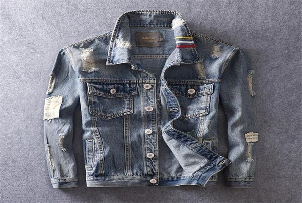 

fashion streetwear men jacket retro blue destroy ripped denim jacket men coat tiger embroidery stripe hip hop jean jacket hombre t1729359, Black;brown