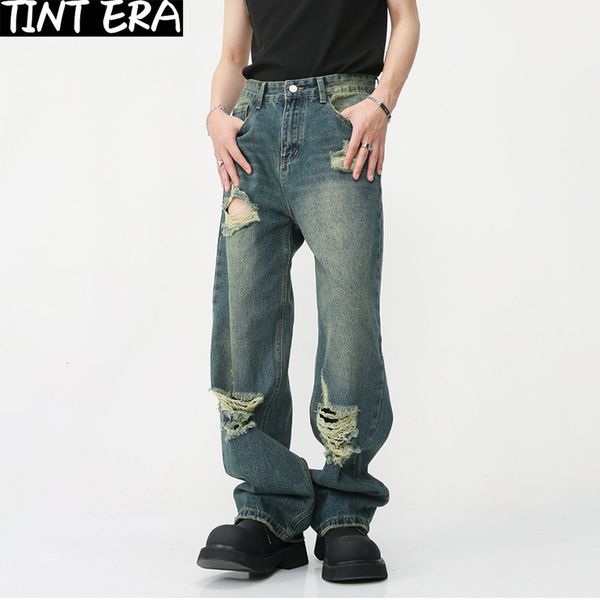 

mens jeans tint era ripped for men wide leg pants hip hop distressed denim trousers male vintage casual japanese streetwear 230809, Blue