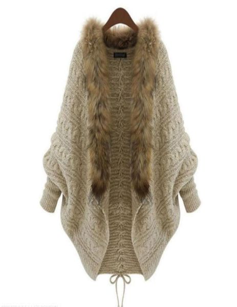 

women casual open neck long bat sleeve solid khaki fur collar winter knit cardigan women039s sweaters2831730, White;black