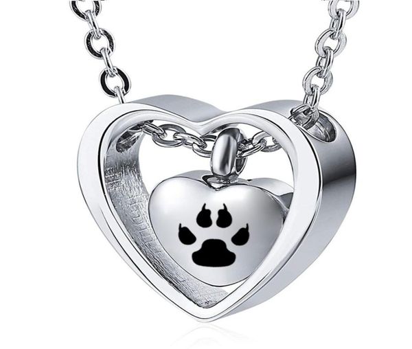 

silver stainless steel double heart cremation paw print necklace for pet ashes keepsake memorial urn jewelry4064246