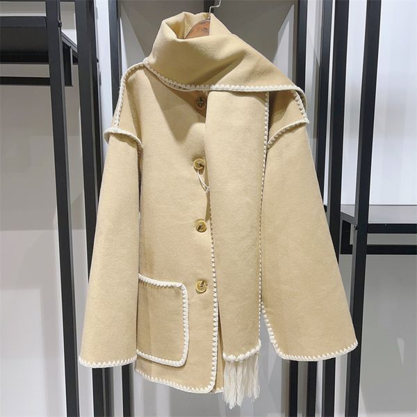

22fw toteme single-breasted tassel scarf wool coat xs s m, Black;brown