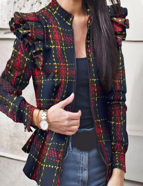 

autumn camouflage print ruffled jackets women slim oneck ruffles elegant jacket female winter fashion casual ladies coats 2010078108613, Black;brown