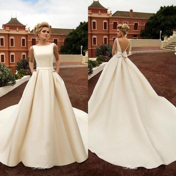 

elegant 2020 new satin beach wedding dresses with pockets backless bow boho beach a line backless wedding dress bridal gowns 46165478384, White