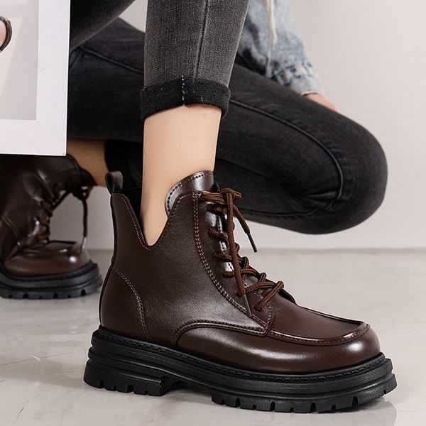

boot 's leather short 2023 autumn winter cross tied motorcycle platform wedge shoes chunky heel sneakers bota de vaqueiro 230810, Black