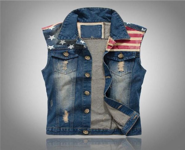 

design man denim vest america flag blue jeans waistcoat sleeveless cowboy jeans jacket men sleeveless coat w587368096, Black;white